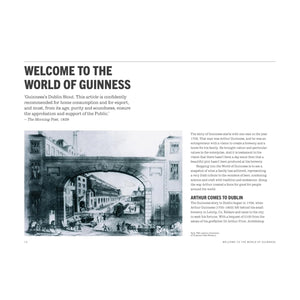 An historical illustration of Dublin is accompanied by text from *World of Guinness* by Penguin Random House, describing Arthur Guinness, the brand’s eighteenth-century origins, and insights into traditional brewing methods—alongside a quote from The Morning Post (1820).