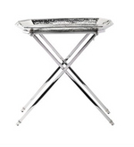 The Juliska Graham Bar Tray & Stand features a hammered stainless steel tray with a textured surface on a foldable, adjustable anti-scratch stand—perfect for showcasing your barware.