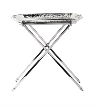 The Juliska Graham Bar Tray & Stand features a hammered stainless steel tray with a textured surface on a foldable, adjustable anti-scratch stand—perfect for showcasing your barware.