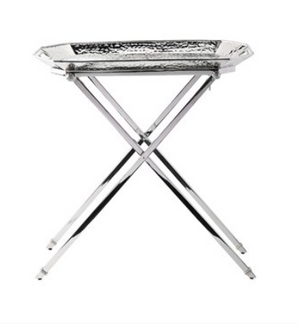 The Juliska Graham Bar Tray & Stand features a hammered stainless steel tray with a textured surface on a foldable, adjustable anti-scratch stand—perfect for showcasing your barware.