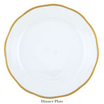 Herend Gwendolyn White and Gold Collection dinner plate, viewed from above, features fine white porcelain and a 24 karat gold rim, labeled "Dinner Plate" at the bottom.