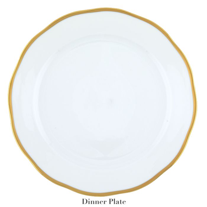 Herend Gwendolyn White and Gold Collection dinner plate, viewed from above, features fine white porcelain and a 24 karat gold rim, labeled "Dinner Plate" at the bottom.