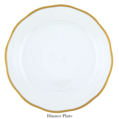 Herend Gwendolyn White and Gold Collection dinner plate, viewed from above, features fine white porcelain and a 24 karat gold rim, labeled "Dinner Plate" at the bottom.