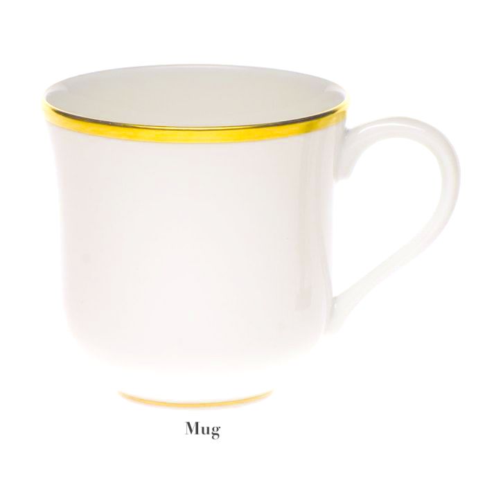The Gwendolyn White and Gold Collection mug by Herend is a white ceramic piece with 24k gold rims on the top edge and base, displayed against a plain background with "Mug" written below.
