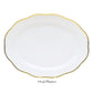 The Herend Gwendolyn White and Gold Collection oval porcelain platter features a scalloped edge and 24K gold trim, displayed on a stand with the label "Oval Platter" beneath it.