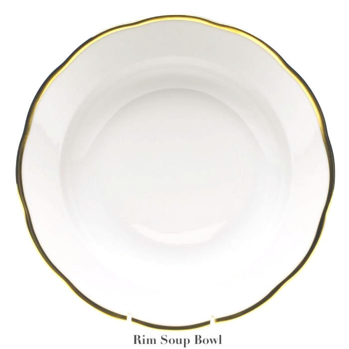 The Herend Gwendolyn White and Gold Collection features a white soup bowl with a subtle scalloped edge and thin 24k gold trim, perfect for those with artistic appreciation.