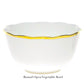 White round open vegetable bowl from the Herend Gwendolyn White and Gold Collection, crafted with a wavy rim and 24k gold trim. Displayed on a plain background. Text below: "Round Open Vegetable Bowl.