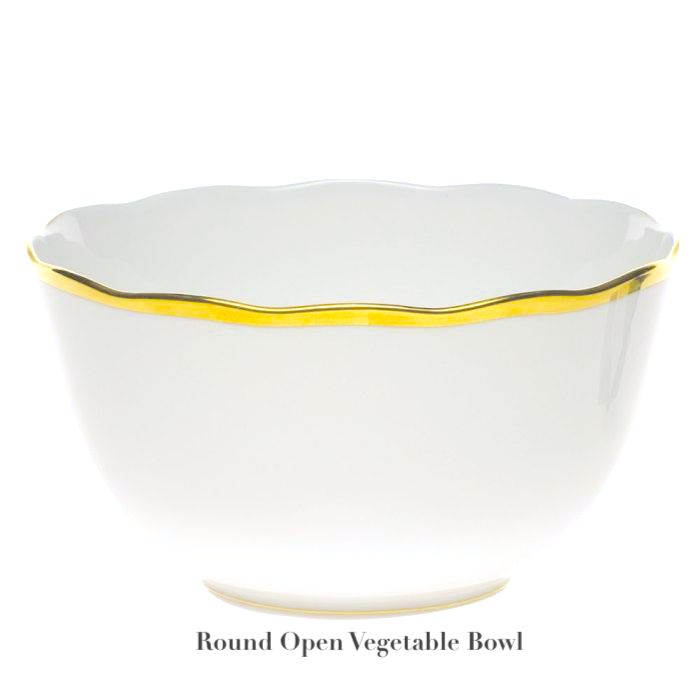 White round open vegetable bowl from the Herend Gwendolyn White and Gold Collection, crafted with a wavy rim and 24k gold trim. Displayed on a plain background. Text below: "Round Open Vegetable Bowl.