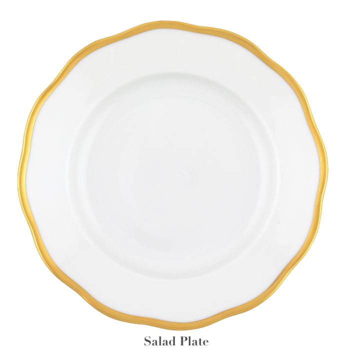 The Herend Gwendolyn White and Gold Collection salad plate features white porcelain with a 24k gold scalloped rim, shown on a white background with "Salad Plate" below—perfect for fans of artistic fine tableware.