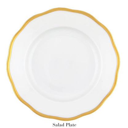 The Herend Gwendolyn White and Gold Collection salad plate features white porcelain with a 24k gold scalloped rim, shown on a white background with "Salad Plate" below—perfect for fans of artistic fine tableware.