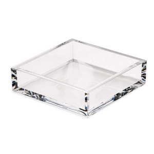 The Caspari Acrylic Luncheon Napkin Holder features a clear, square design with raised edges—ideal for napkins or as stylish tabletop décor. Shown empty on a white background.