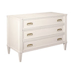 A white Hickory Chair Alice Chest three-drawer dresser with gold rectangular handles and tapered legs, shown at an angle against a plain background—ideal for stylish storage or display in any West Palm Beach showroom.
