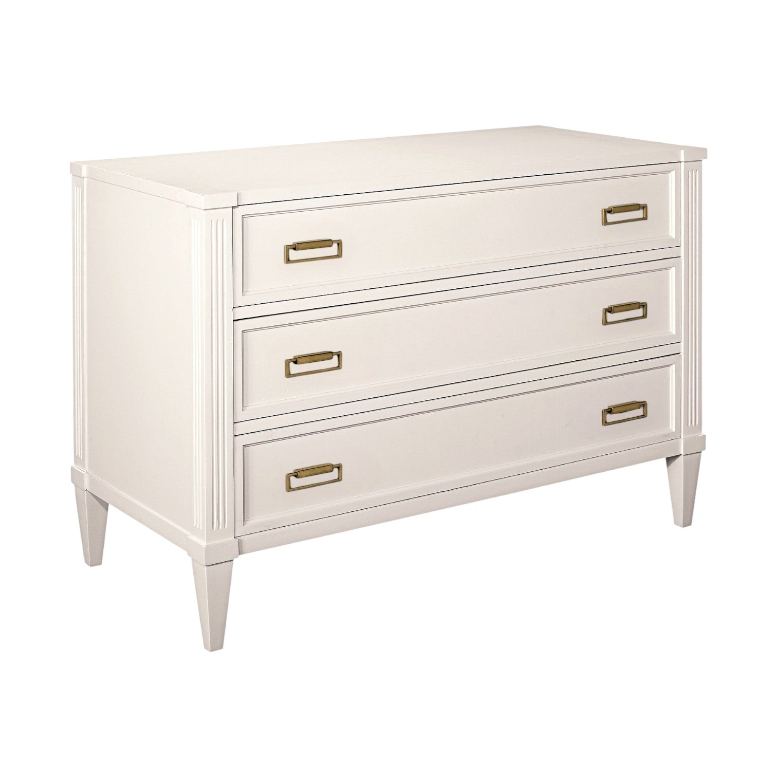 A white Hickory Chair Alice Chest three-drawer dresser with gold rectangular handles and tapered legs, shown at an angle against a plain background—ideal for stylish storage or display in any West Palm Beach showroom.
