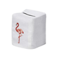 Upgrade your linen home decor with the Haute Home Flamingo Coaster & Bath Collection: a white tissue box cover crafted from premium linen, adorned with an embroidered pink flamingo standing on one leg and designed with a convenient top slot for easy tissue dispensing.