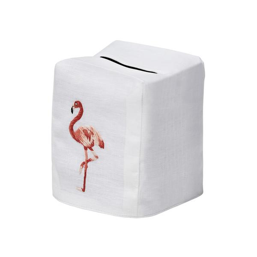 Upgrade your linen home decor with the Haute Home Flamingo Coaster & Bath Collection: a white tissue box cover crafted from premium linen, adorned with an embroidered pink flamingo standing on one leg and designed with a convenient top slot for easy tissue dispensing.