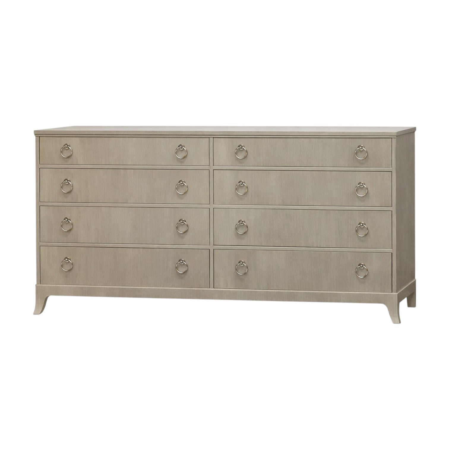 The Kindel Double Chest is a modern light wood dresser with ten drawers, each adorned with round metal pull handles. With its simple design and short legs, this stylish bedroom piece offers sleek storage.