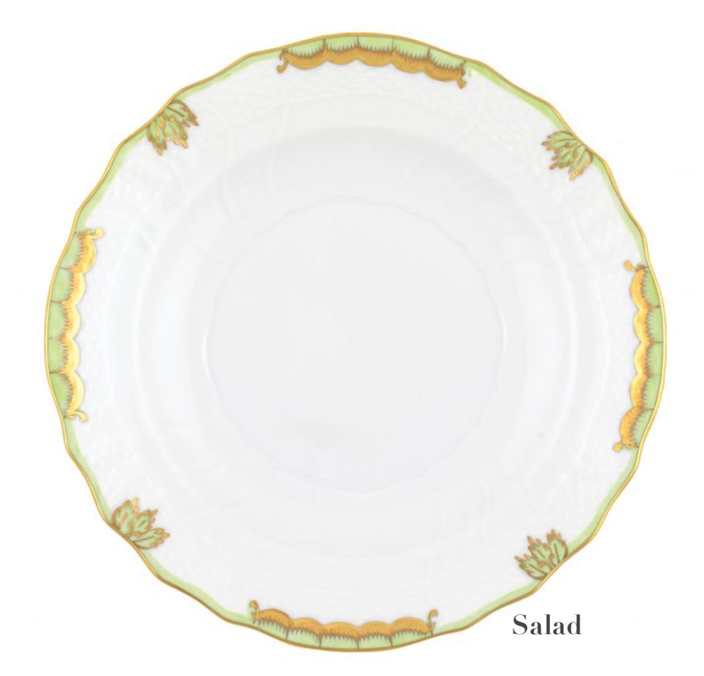 The Herend Princess Victoria Green Collection salad plate features a scalloped porcelain design with gold and green trim, hand-painted accents, and "Salad" printed in the bottom right corner.