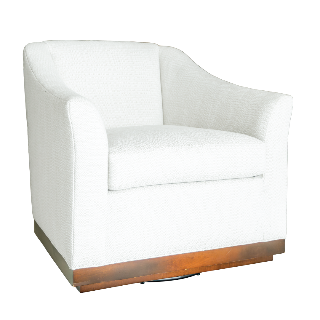 The Heath Swivel Chair by Hickory Chair features white upholstery, curved arms, and a wooden base, evoking a modern swivel chair design and shown against a plain white background.