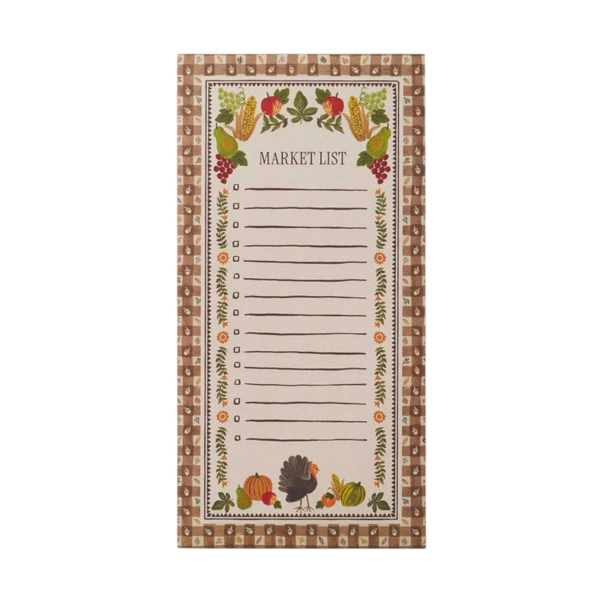 Promote the Harvest Gingham Market Pad by Rifle Paper Co., which features a charming border of autumn vegetables and leaves, a festive turkey illustration at the bottom, and brown gingham-patterned edges. The center provides lined space with checkboxes to organize your Thanksgiving grocery list, while a convenient fridge magnet on the back keeps your notes within easy reach.