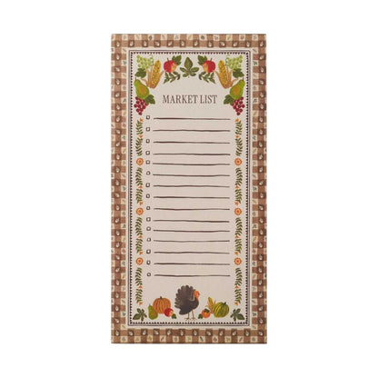 Promote the Harvest Gingham Market Pad by Rifle Paper Co., which features a charming border of autumn vegetables and leaves, a festive turkey illustration at the bottom, and brown gingham-patterned edges. The center provides lined space with checkboxes to organize your Thanksgiving grocery list, while a convenient fridge magnet on the back keeps your notes within easy reach.