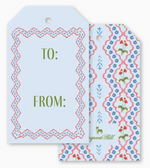 Two Lamia Damask Blue Gift Tags with rounded top corners; one features “TO:” and “FROM:” on a light blue background, and the other shows a blue and pink floral pattern.