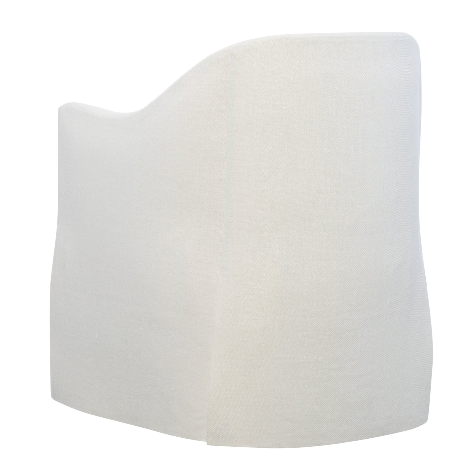 The Jennifer Dining Chair by Hickory Chair is shown from the back at an angle, featuring a smooth, curved design, tailored white upholstery, and a plush spring-down seat cushion for added comfort.