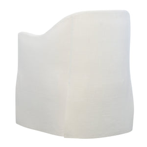 The Jennifer Dining Chair by Hickory Chair is shown from the back at an angle, featuring a smooth, curved design, tailored white upholstery, and a plush spring-down seat cushion for added comfort.
