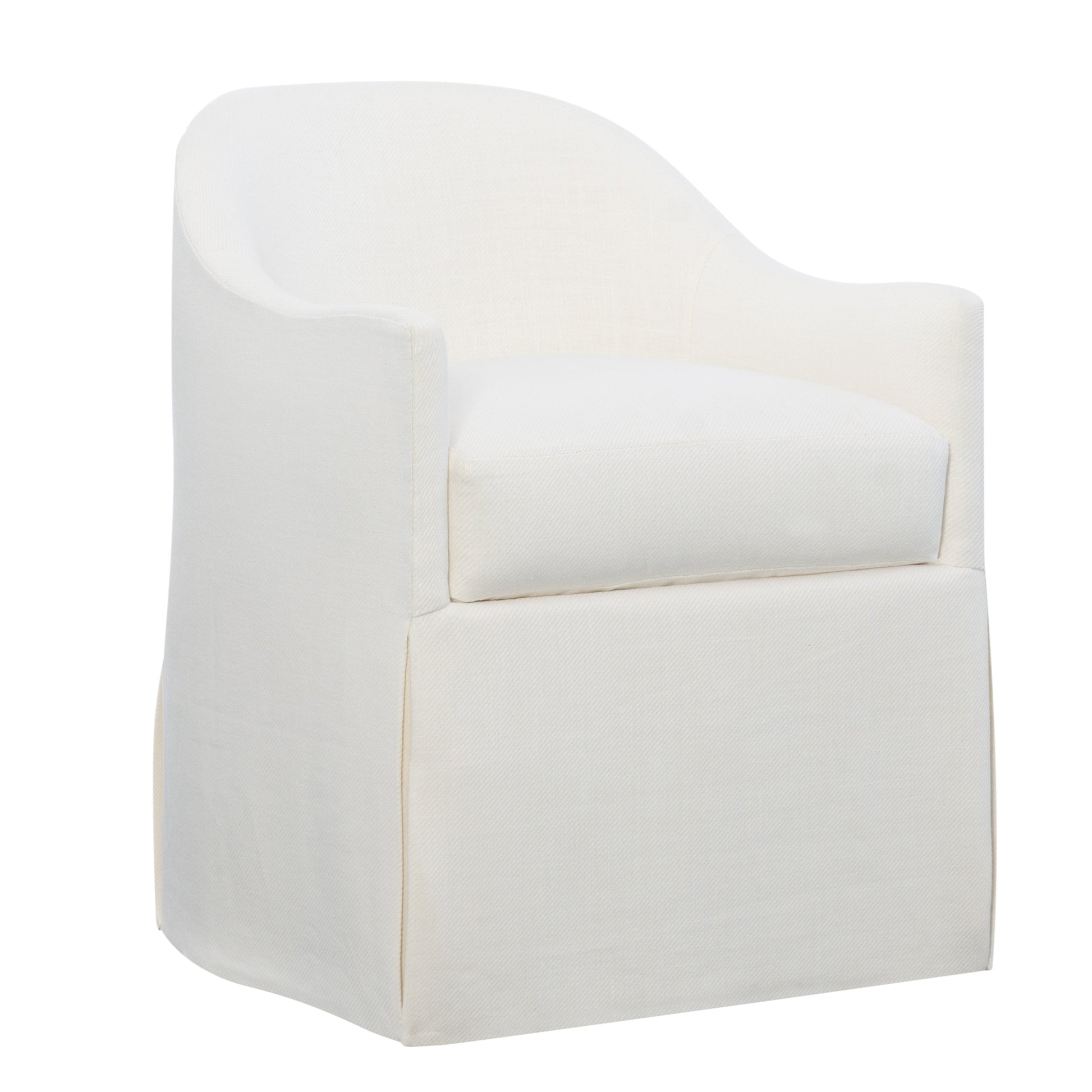 The Jennifer Dining Chair by Hickory Chair features white upholstery, a curved backrest, sloped arms, a spring-down seat cushion, and a skirted base.