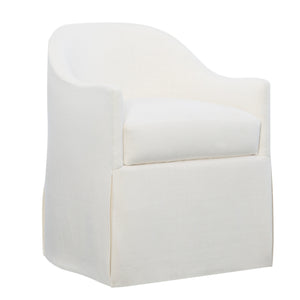 The Jennifer Dining Chair by Hickory Chair features white upholstery, a curved backrest, sloped arms, a spring-down seat cushion, and a skirted base.