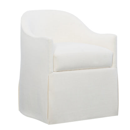 The Jennifer Dining Chair by Hickory Chair features white upholstery, a curved backrest, sloped arms, a spring-down seat cushion, and a skirted base.