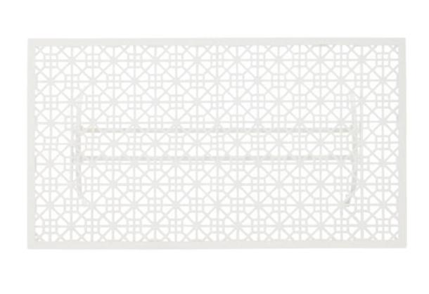 The Haret Outdoor Cocktail Table by Hickory Chair features a white rectangular design with a geometric lattice pattern of intersecting lines and circles, crafted from durable cast aluminum.