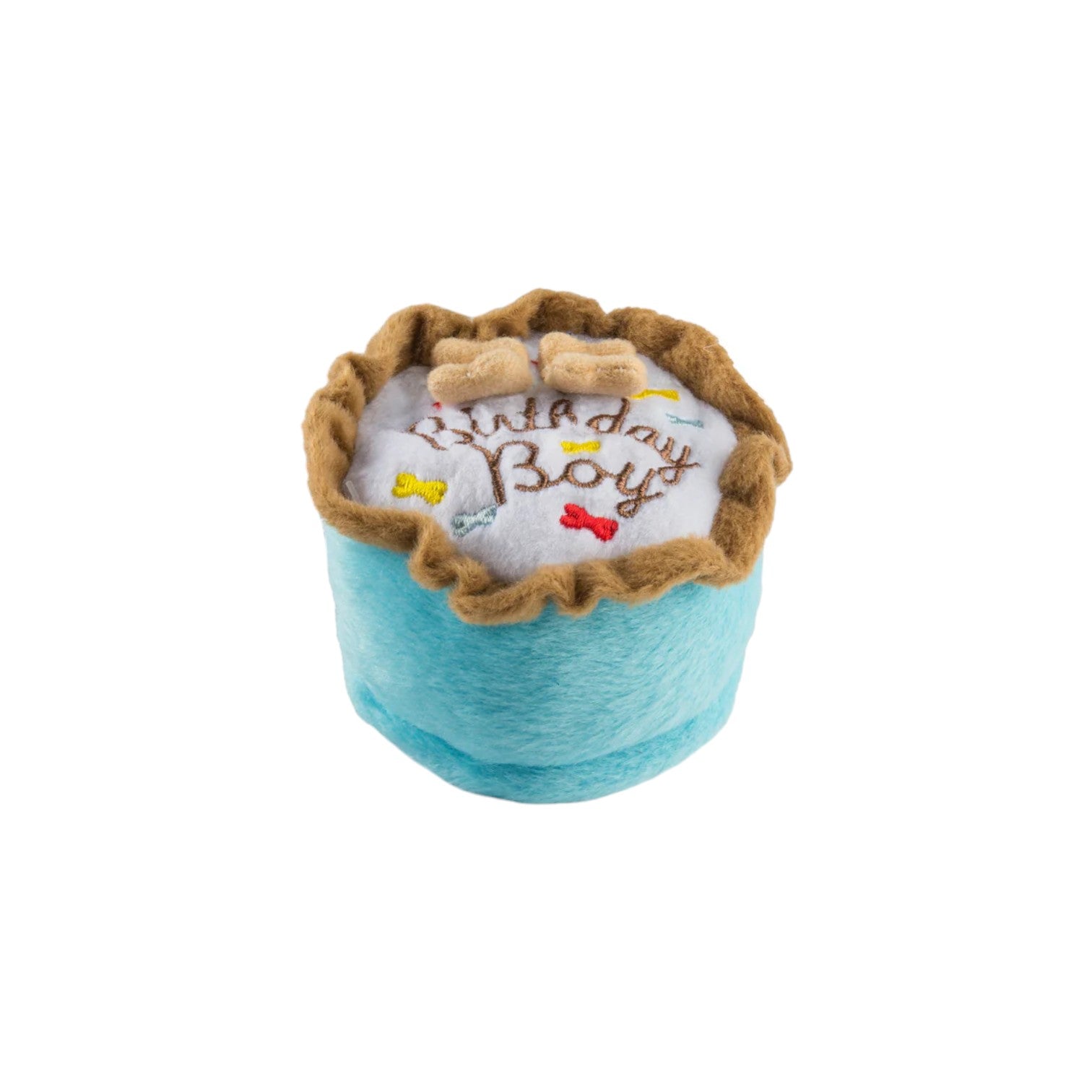 The Haute Diggity Dog Birthday Boy Toy is a plush blue cake-shaped dog toy with "Birthday Boy" embroidered on top, two bone decorations, and a squeaker for extra fun—perfect for celebrating your pup’s special day!.