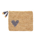 The Aerin Heart Raffia Zip Pouch features a black heart design and double tassel zipper, making it a stylish woven clutch or everyday raffia bag.