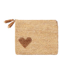 Aerin's Heart Raffia Zip Pouch is a rectangular woven straw bag with a zipper, double tassel accents, and a dark heart design on the lower left—ideal as a casual clutch or pouch.
