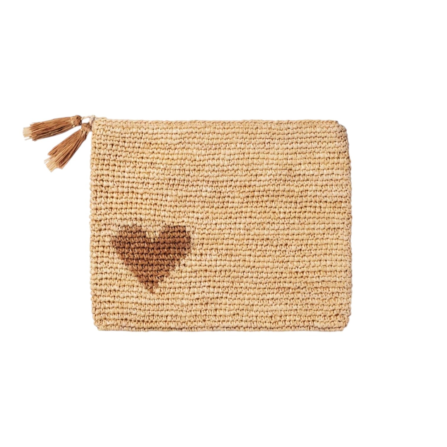 Aerin's Heart Raffia Zip Pouch is a rectangular woven straw bag with a zipper, double tassel accents, and a dark heart design on the lower left—ideal as a casual clutch or pouch.
