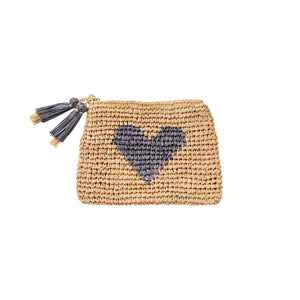 The Aerin Heart Raffia Zip Pouch features tan woven raffia, a central black heart design, and a double tassel on the left zipper—an ideal casual clutch for everyday style.