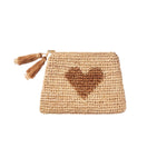 Aerin Heart Raffia Zip Pouch: beige woven raffia bag with double tassel zipper and a dark brown heart design in the center, shown on a white background.