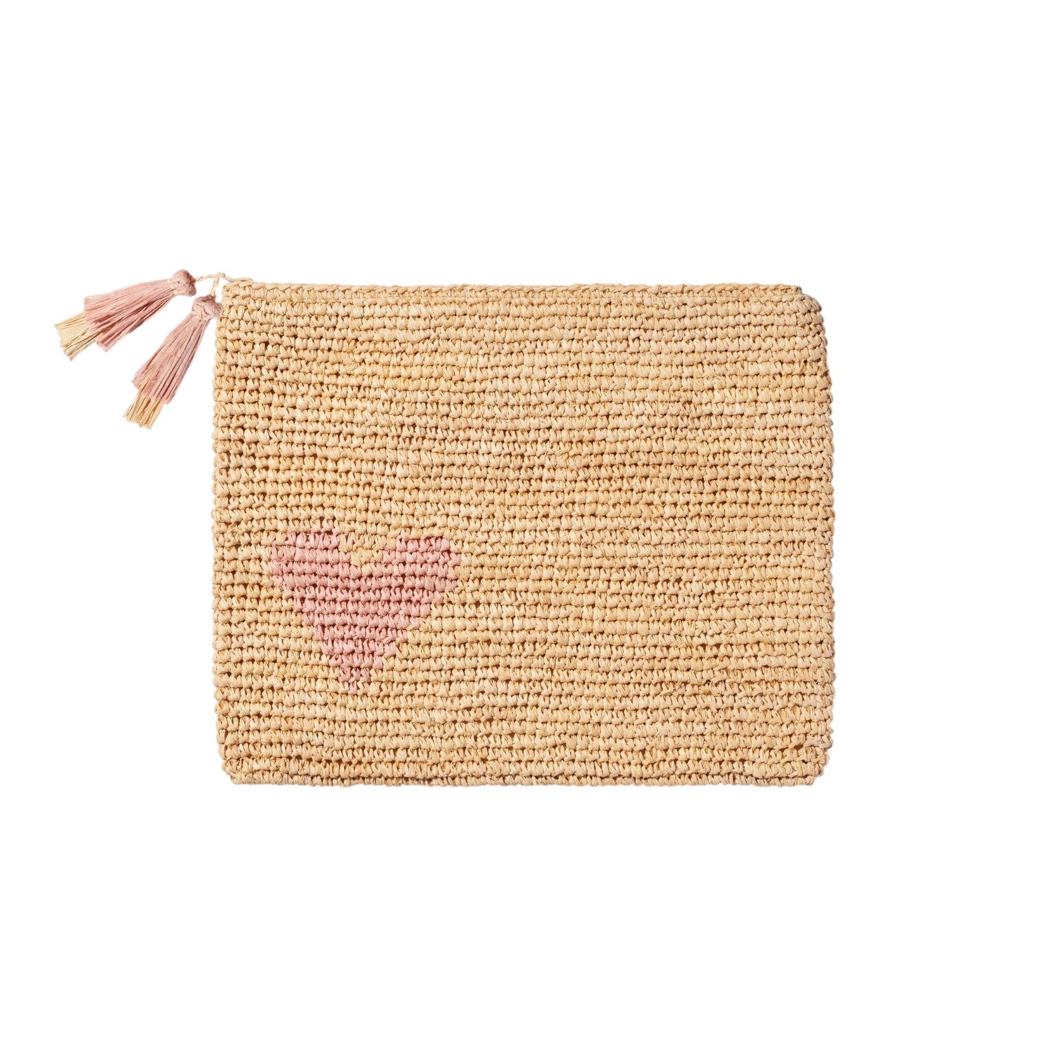 The Aerin Heart Raffia Zip Pouch is a rectangular beige woven clutch with a zipper and double tassel, featuring a pink heart in the lower left—an effortlessly stylish raffia bag perfect for casual use.