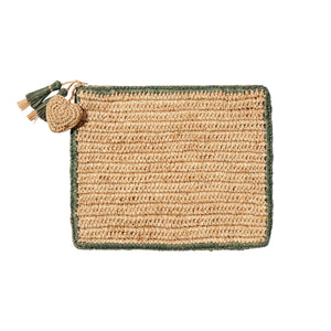 The Aerin Heart Raffia Zip Pouch is a rectangular woven clutch with a green border, a heart charm, and double green tassels on the zipper.