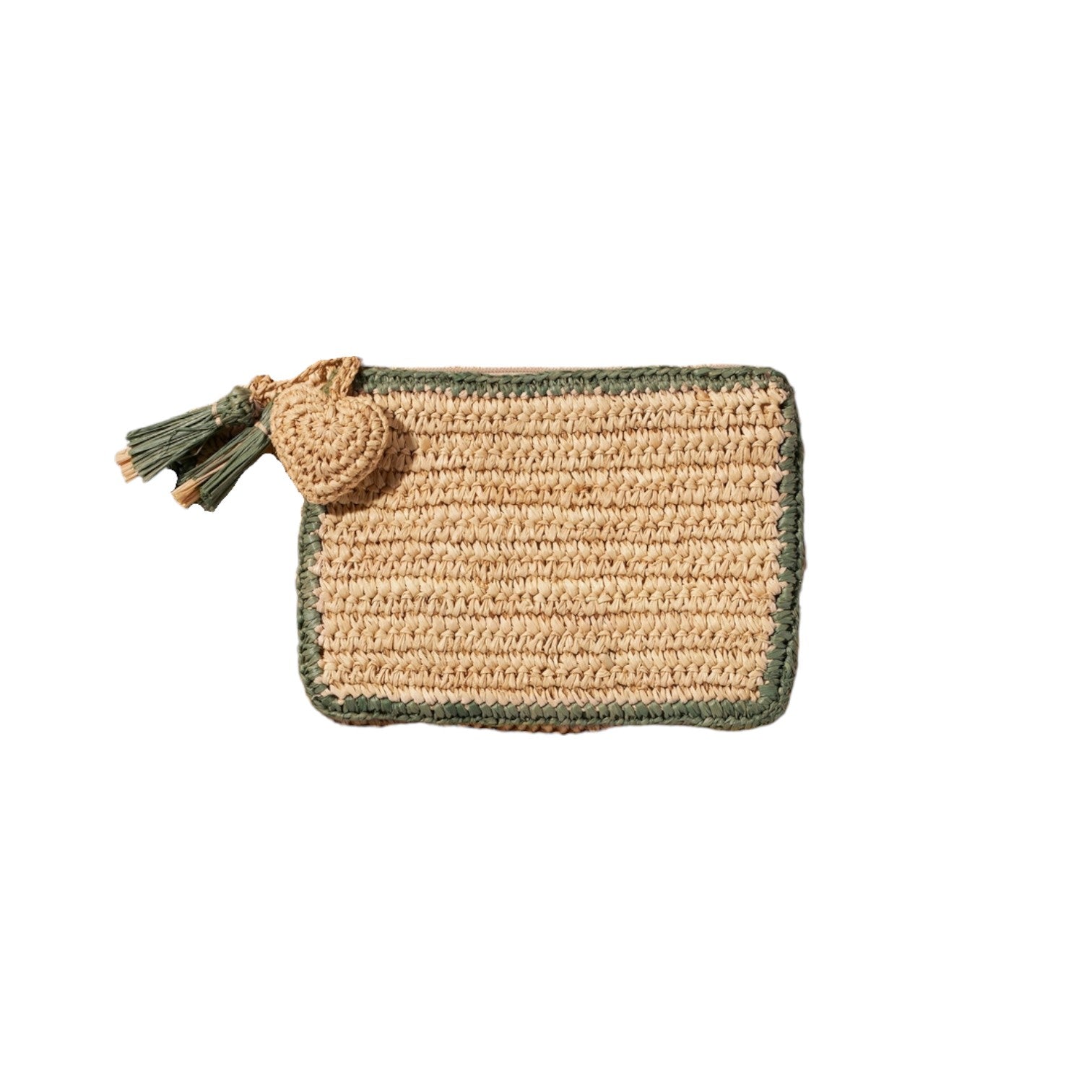 The Heart Raffia Zip Pouch by Aerin features a rectangular woven raffia design with green trim, zipper closure, and a playful double tassel—ideal as a casual clutch for any outing.