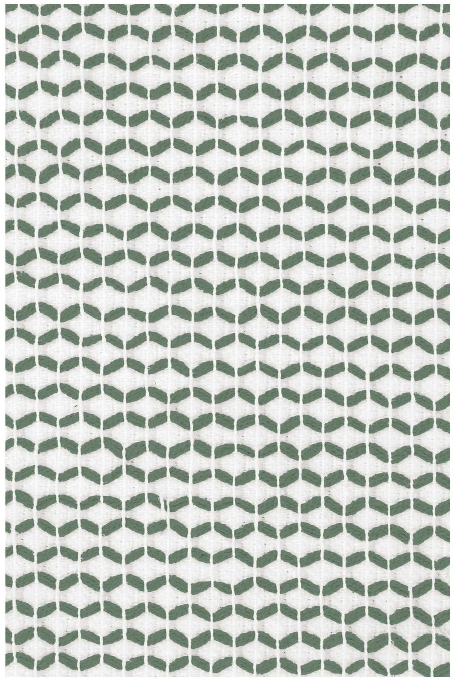 Green geometric shapes create a bold, repeating pattern on a white background, reminiscent of interlocking fish or chevrons, in the Honeycomb Towel Collection by MUkitchen.