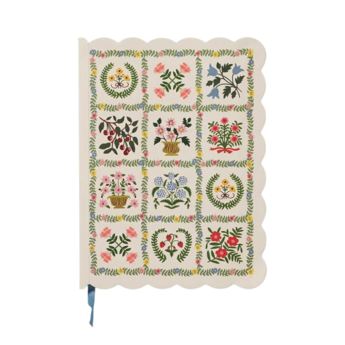 The Helena Softcover Journal by Rifle Paper Co. is a cream-colored journal with scalloped edges and a linen textured cover, featuring a floral pattern of 15 blocks—each showcasing different flower arrangements—and comes complete with a blue ribbon bookmark.