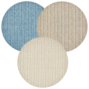 Three circular swatches of textured fabric in blue, beige, and off-white, arranged in a triangular pattern, perfect for spring and summer dining. These swatches could be part of the chic Kim Seybert Herringbone Placemat set by Kim Seybert.