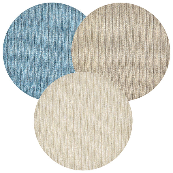 Three circular swatches of textured fabric in blue, beige, and off-white, arranged in a triangular pattern, perfect for spring and summer dining. These swatches could be part of the chic Kim Seybert Herringbone Placemat set by Kim Seybert.