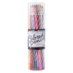 A set of 24 vibrant Hester & Cook Colored Pencils with striped patterns and erasers, packaged in a clear cylindrical container.