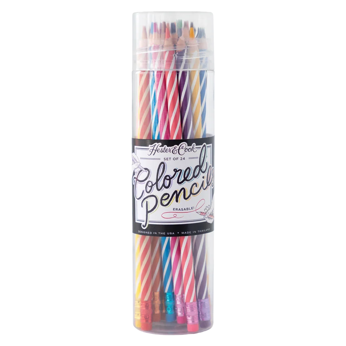 A set of 24 vibrant Hester & Cook Colored Pencils with striped patterns and erasers, packaged in a clear cylindrical container.