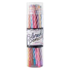 A set of 24 vibrant Hester & Cook Colored Pencils with striped patterns and erasers, packaged in a clear cylindrical container.