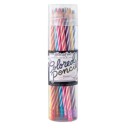 A set of 24 vibrant Hester & Cook Colored Pencils with striped patterns and erasers, packaged in a clear cylindrical container.