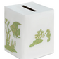 Deep Water Fish Bath Collection white square premium linen tissue box cover embroidered with green seaweed, coral, a fish, and a seahorse.