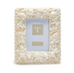 The Two's Company Coquillage Shell Frame, 5x7, features a rectangular design with white seashells and clear gems—ideal for bringing coastal charm to your space.